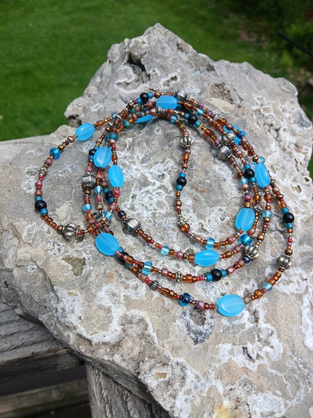 super long beaded necklace blues and brown summertime reminds me of the atlantic